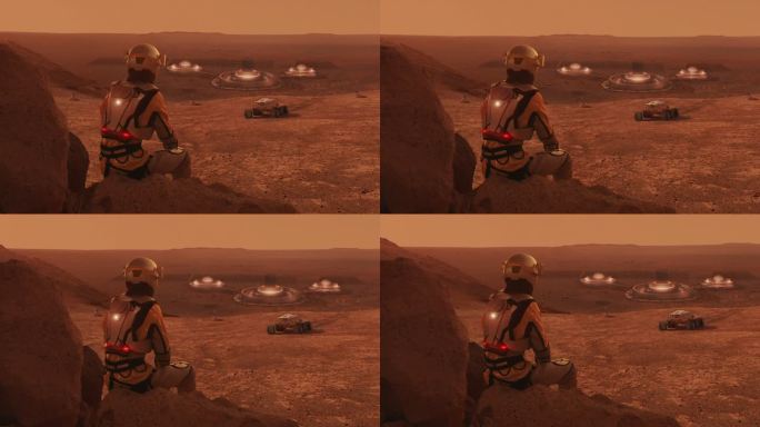 火星上的宇航员正在观察火星探测器和空间站。太空殖民