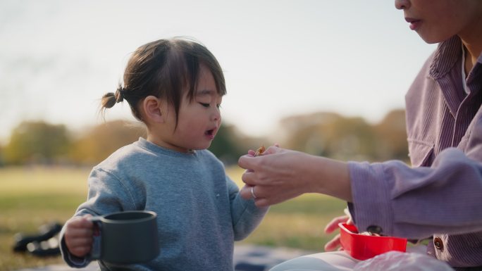 母亲和女儿在温暖晴朗的日子里一起在公园野餐