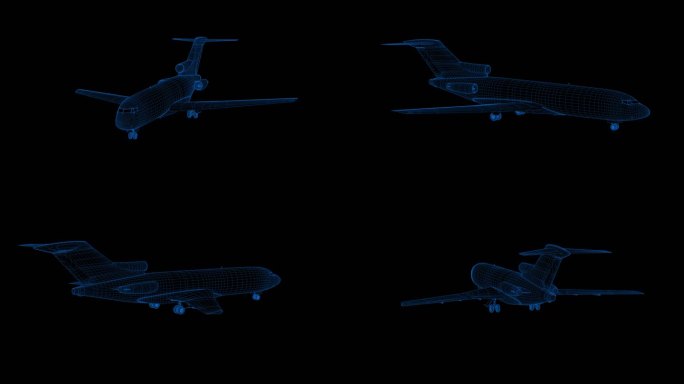 4K蓝色全息科技线框客机直升机素材带通道