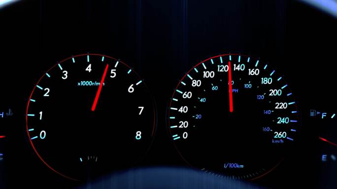 汽车比赛中速度表和转速表的特写