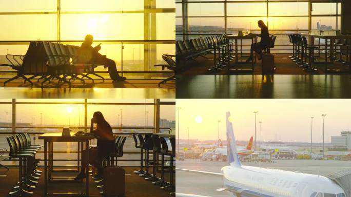 机场商务旅客候机等待登机日落黄昏逆光剪影
