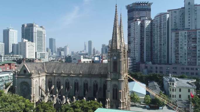 广州老城区圣心石室大教堂航拍