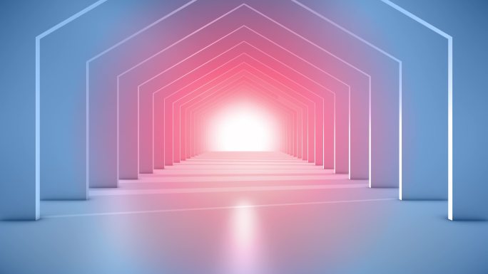 在未来隧道中飞行（可循环）慢动作抽象3D动画。照明走廊的概念，室内设计，宇宙飞船，科学，技术，科学，