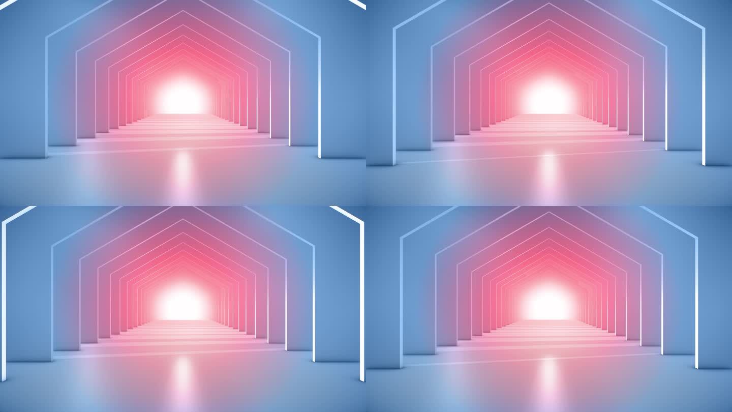 在未来隧道中飞行（可循环）慢动作抽象3D动画。照明走廊的概念，室内设计，宇宙飞船，科学，技术，科学，