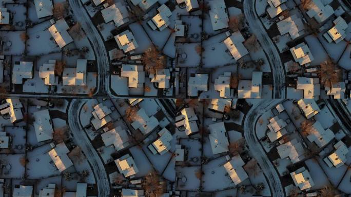 无人机拍摄的晴天白雪覆盖的街区