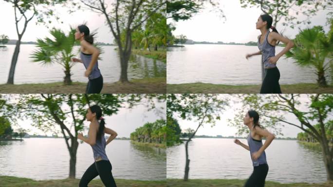 亚洲女人在户外锻炼，她在跑步