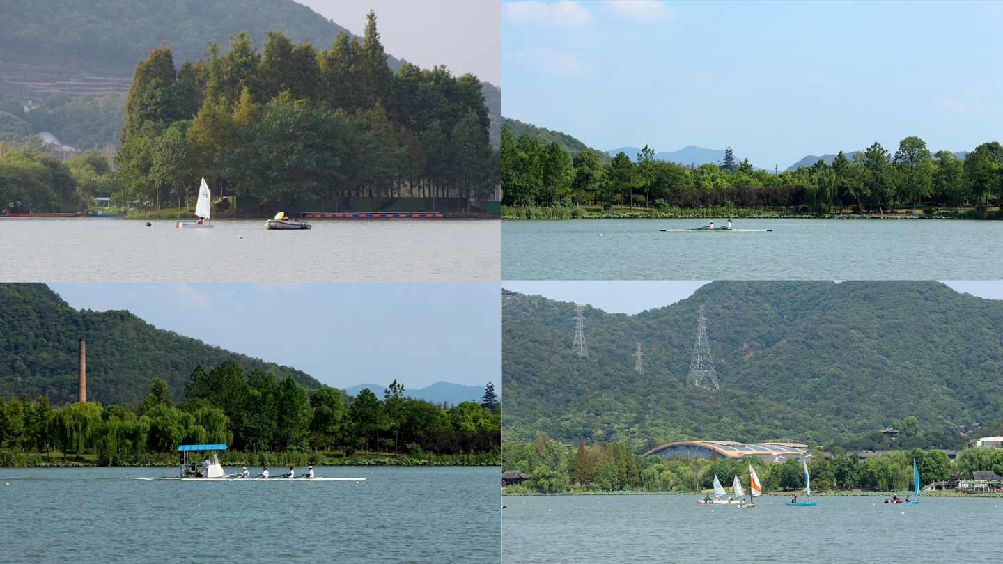 杭州湘湖风景区湖面上的帆船与皮划艇