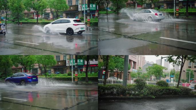 台风天狂风暴雨汽车溅起水花9段慢动作