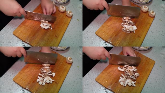清洗口蘑切白蘑菇片处理食材做饭