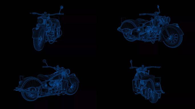 4k蓝色全息科技线框摩托车素材带通道4
