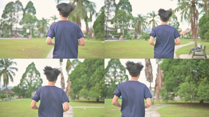 周末早晨，一名亚裔中国少年独自在公园慢跑