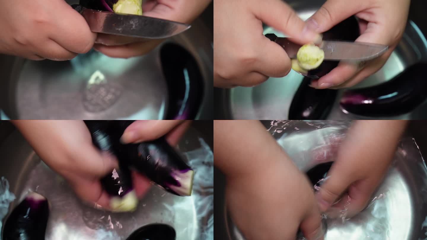 水盆清洗紫茄子长茄子切滚刀块