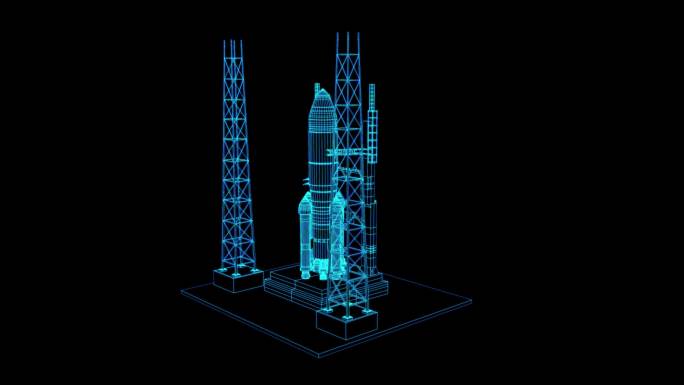 4K蓝色全息线框科技航天发射台素材带通道