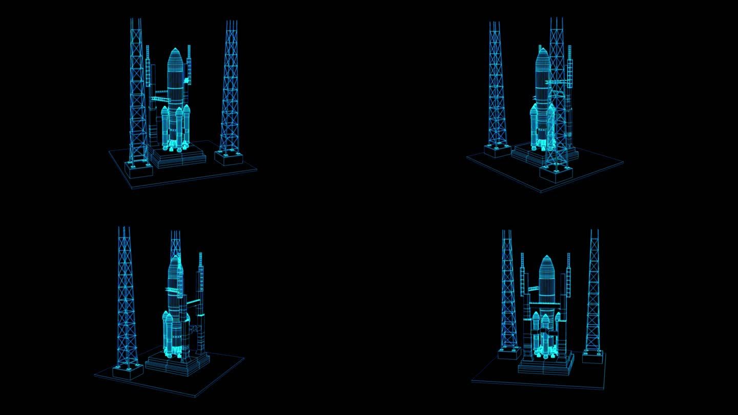 4K蓝色全息线框科技航天发射台素材带通道