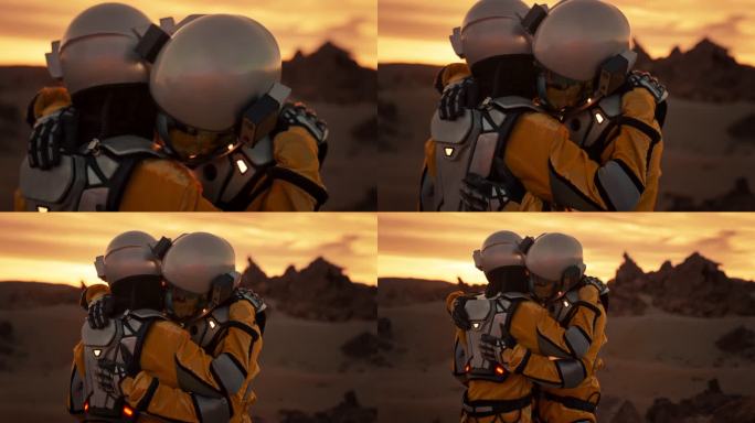 火星上的爱。两名宇航员互相拥抱