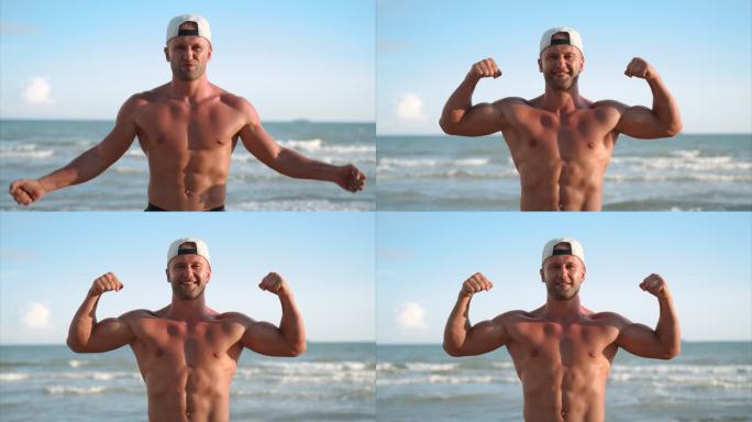 男子在海滩上炫耀肌肉