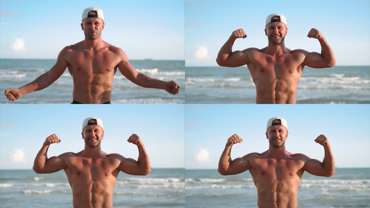 男子在海滩上炫耀肌肉