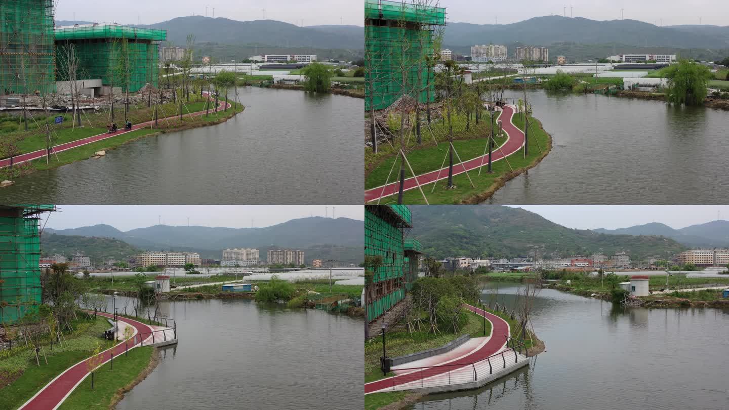 航拍建设中的庆澜公园二期三股塘河