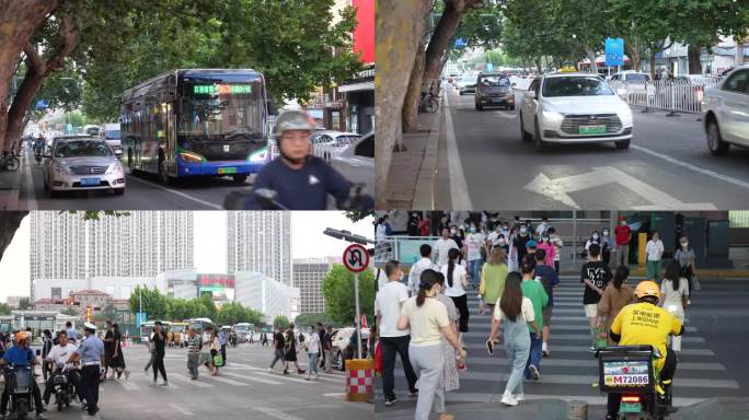 城市街道车流行人-人群过马路