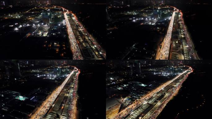 航拍深圳湾超级总部建设夜景