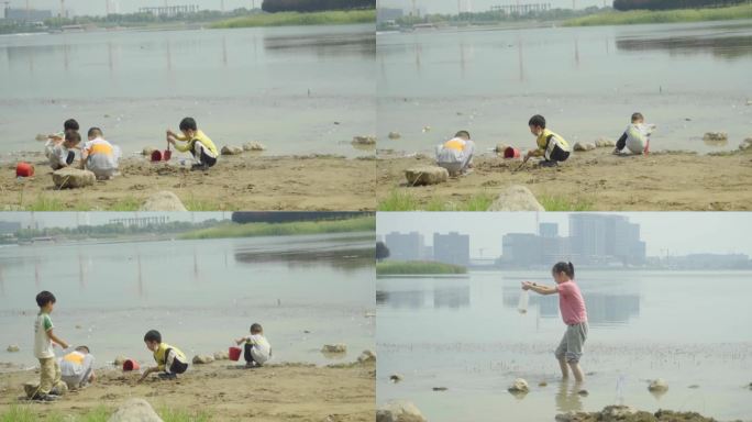 河边沙滩小孩玩沙子童年时光回忆