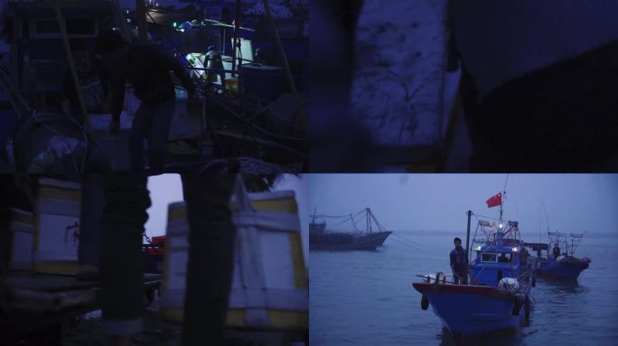 凌晨海港渔民们渔船靠岸上岸收鱼卖鱼