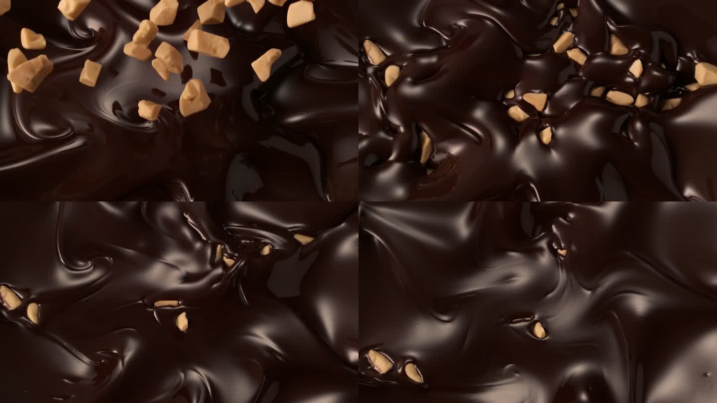 榛子片落入黑巧克力
