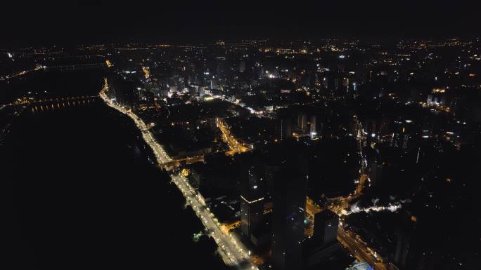 航拍湖南长沙湘江橘子洲夜景