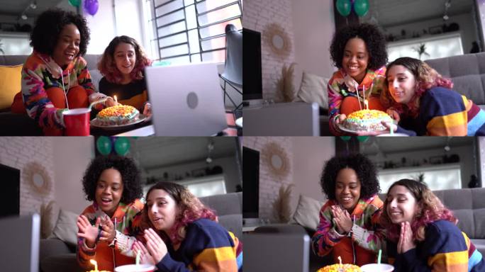 朋友们在家里的笔记本电脑上通过视频通话庆祝生日