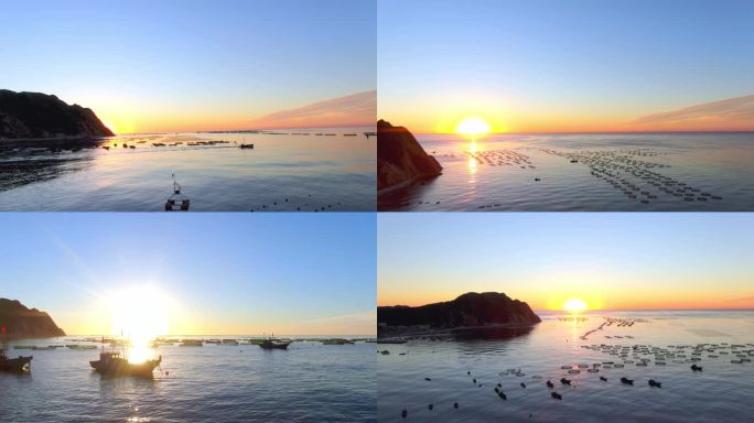 海上日出海面镜像晨光晨曦渔船出海
