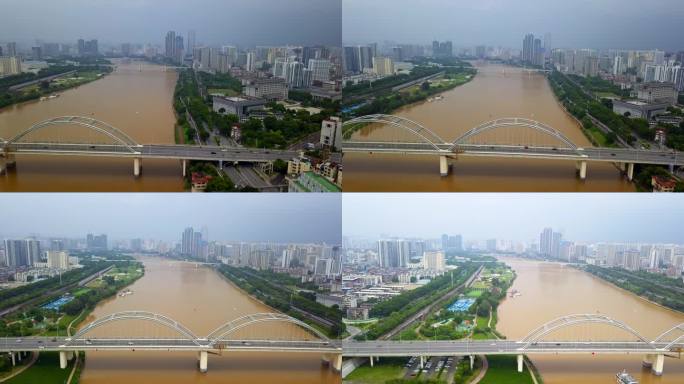 中国广西南宁的邕江跨江大桥和城市建筑
