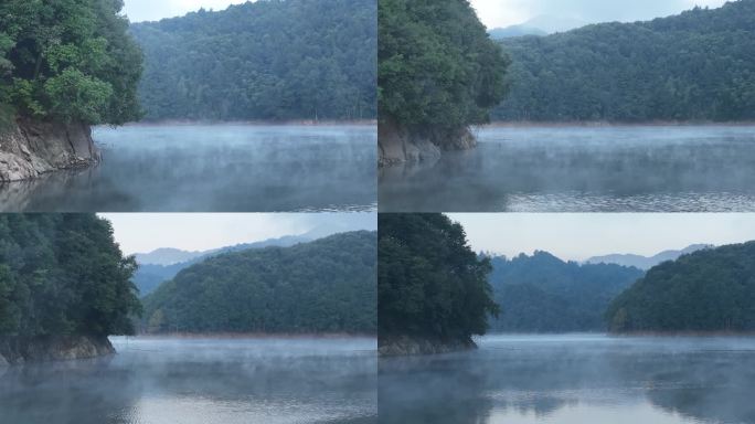 航拍山水浙江水墨江南湖面水面水气雾气晨雾