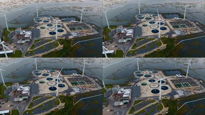 可持续能源用于环境保护。美国新泽西州大西洋城附近的一个废水处理厂，由风力涡轮机和太阳能电池板提供动力
