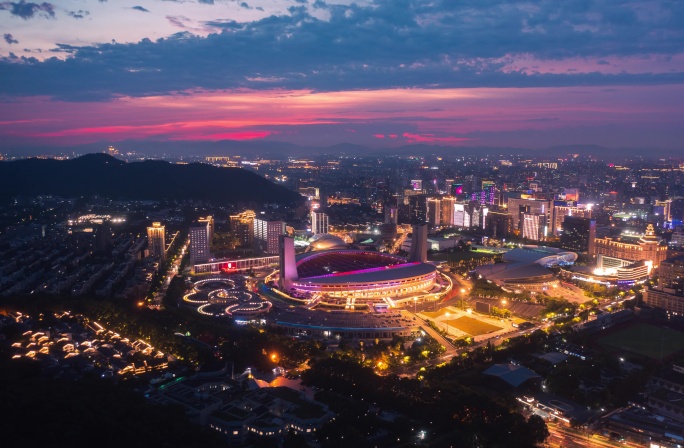 杭州黄龙体育中心夜景航拍延时