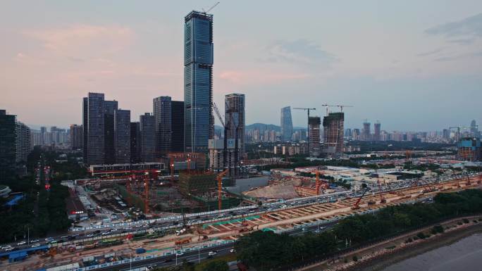 航拍深圳湾超级总部建设场景
