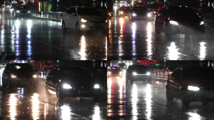 江南城市雨天雨夜下雨大雨车辆车灯暴雨道路