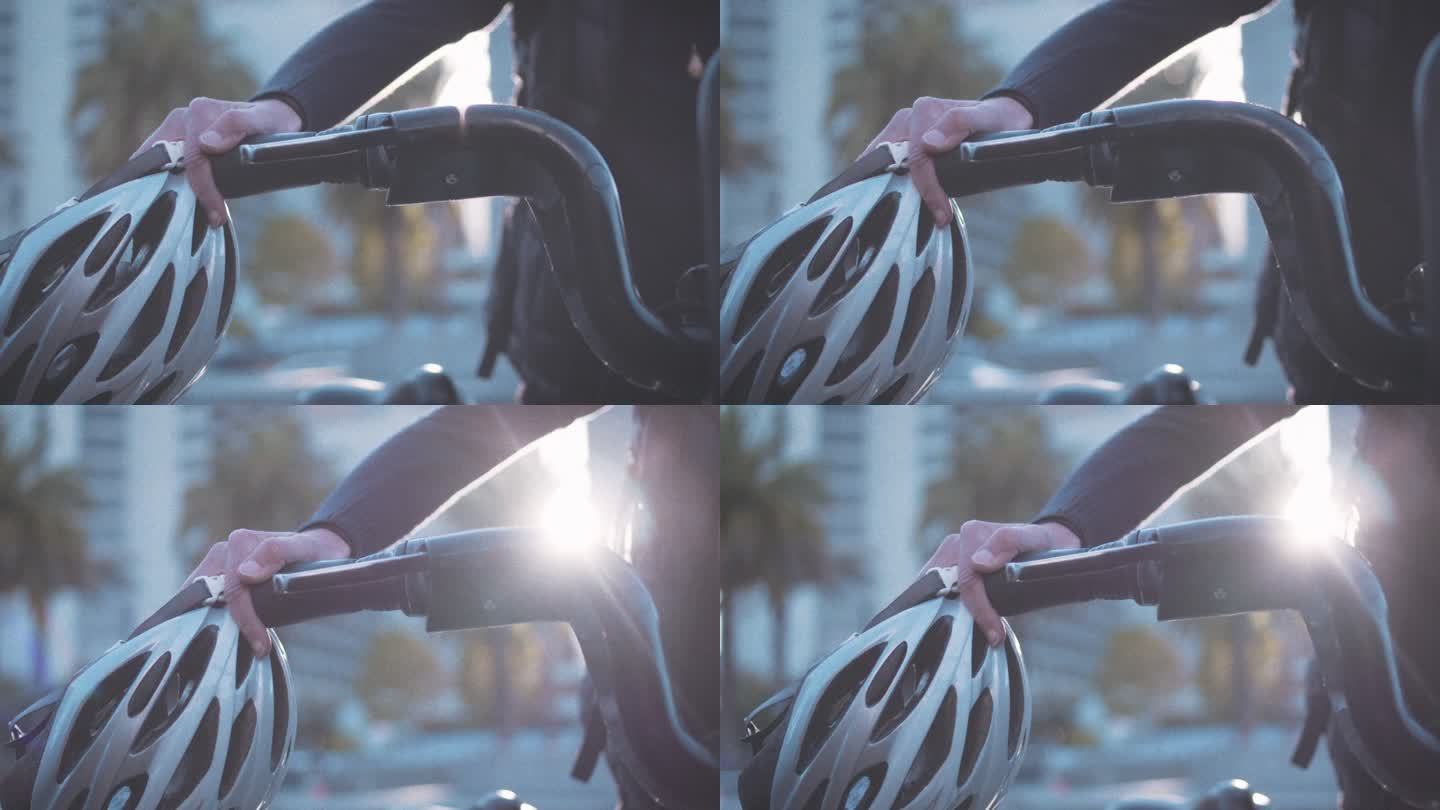 在城市环境中，一名妇女解锁电动自行车