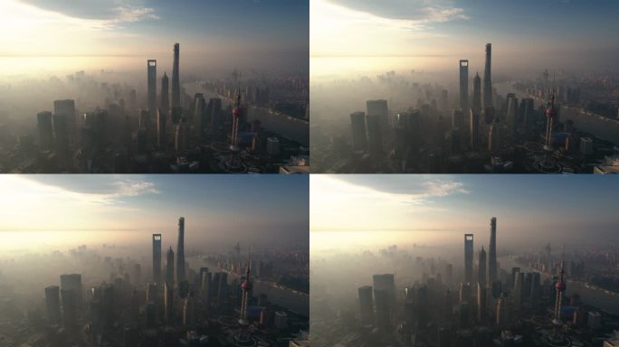 日出时的上海天际线鸟瞰图