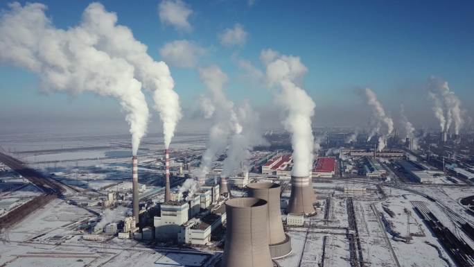 火力发电站鸟瞰图排放PM2.5废气排放