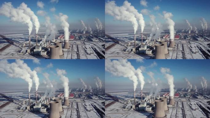 火力发电站鸟瞰图排放PM2.5废气排放