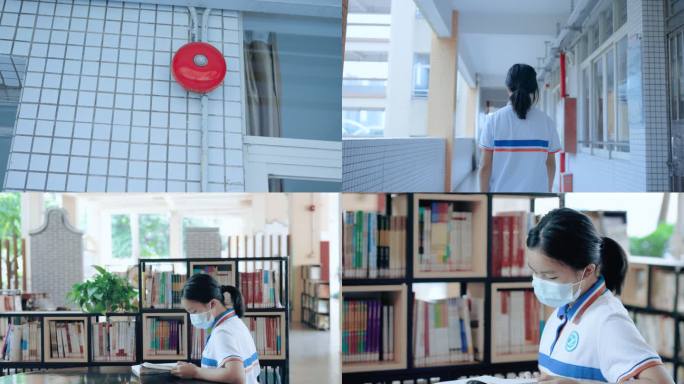 初中女生在校园行走，在图书馆看书4k视频