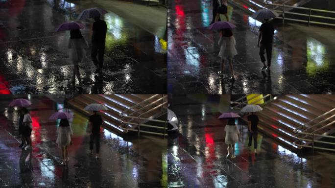 江南雨天雨夜下雨大雨雨伞女孩背影实拍素材