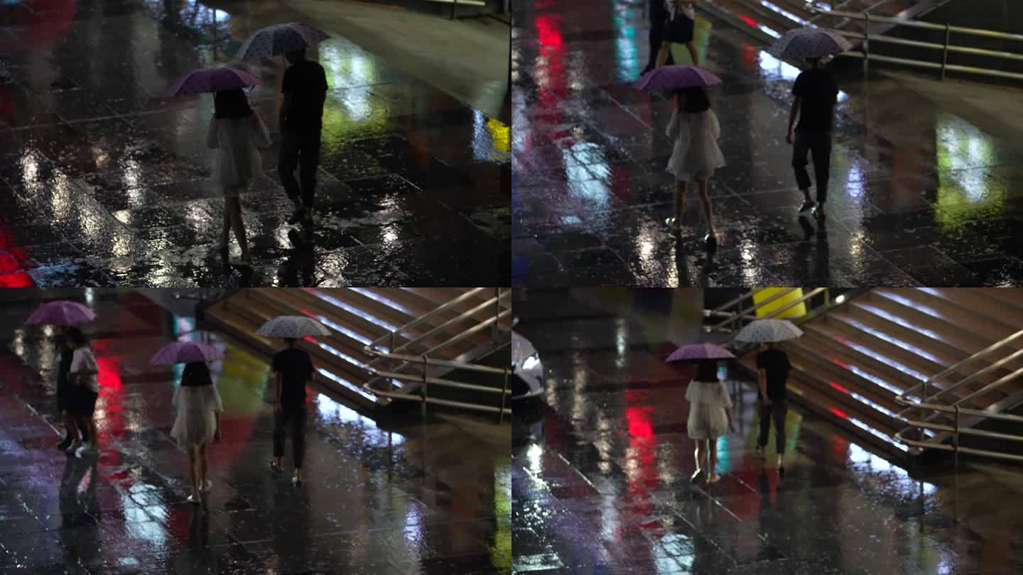 江南雨天雨夜下雨大雨雨伞女孩背影实拍素材
