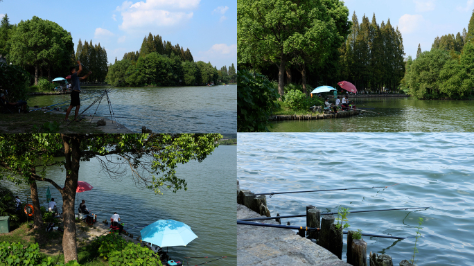 杭州湘湖风景区垂钓区人们在钓鱼