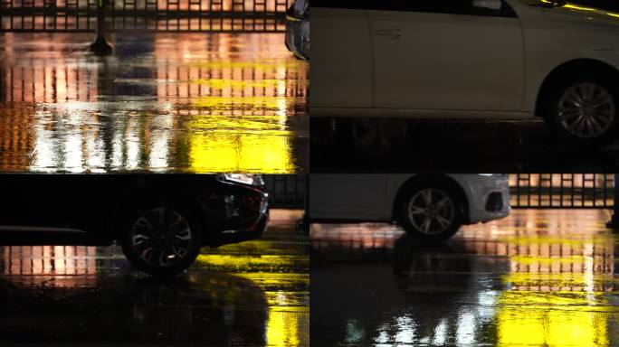 江南城市道路路面积水倒影车辆行驶车灯大雨