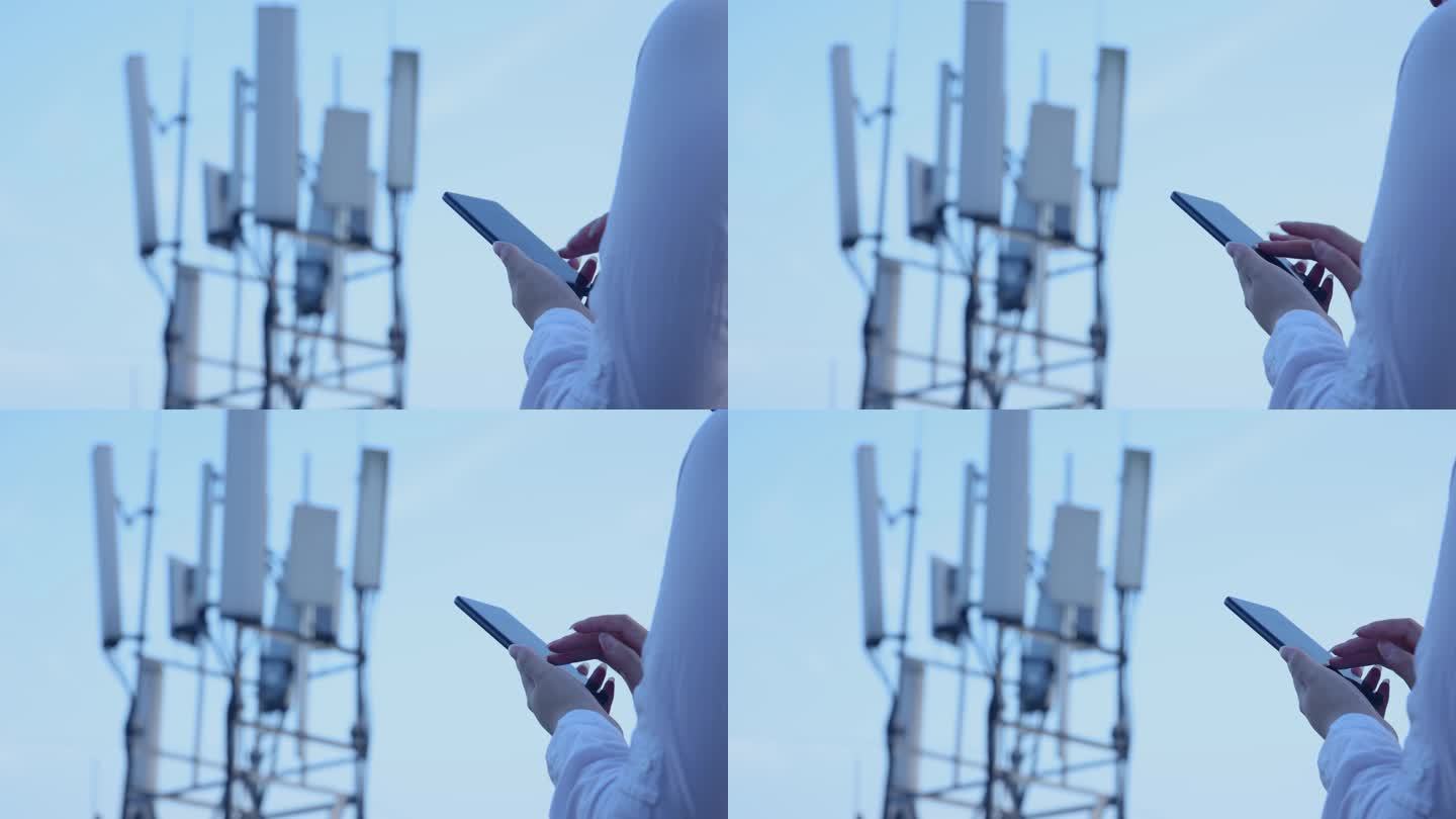 在4G、5G通信塔附近使用手机的人手