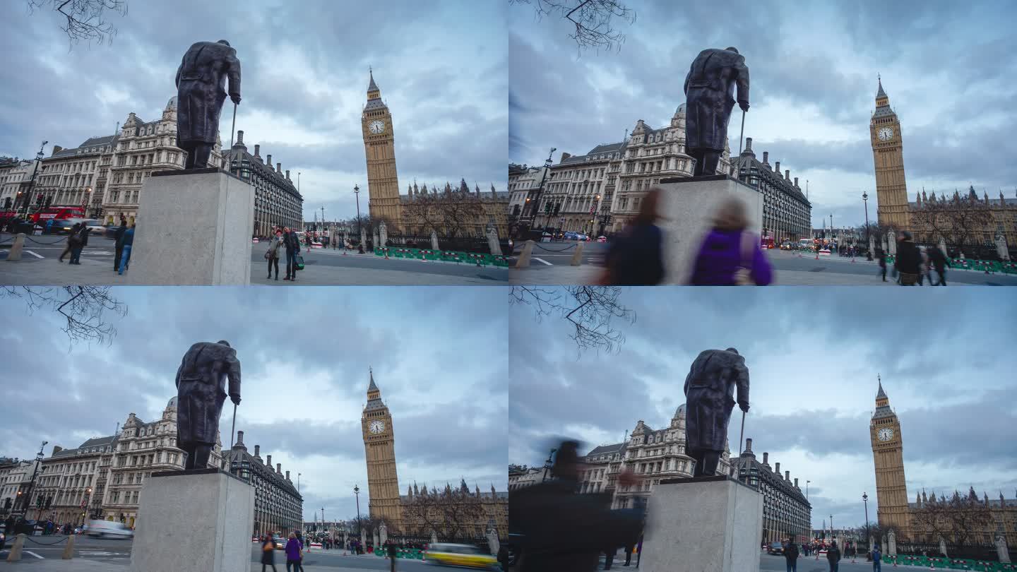 英国伦敦的大本钟、电话亭、温斯顿·丘吉尔雕像和威斯敏斯特大教堂，随时间推移，缩放、平移