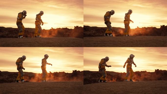 火星上的两名宇航员。在外星星球上共舞