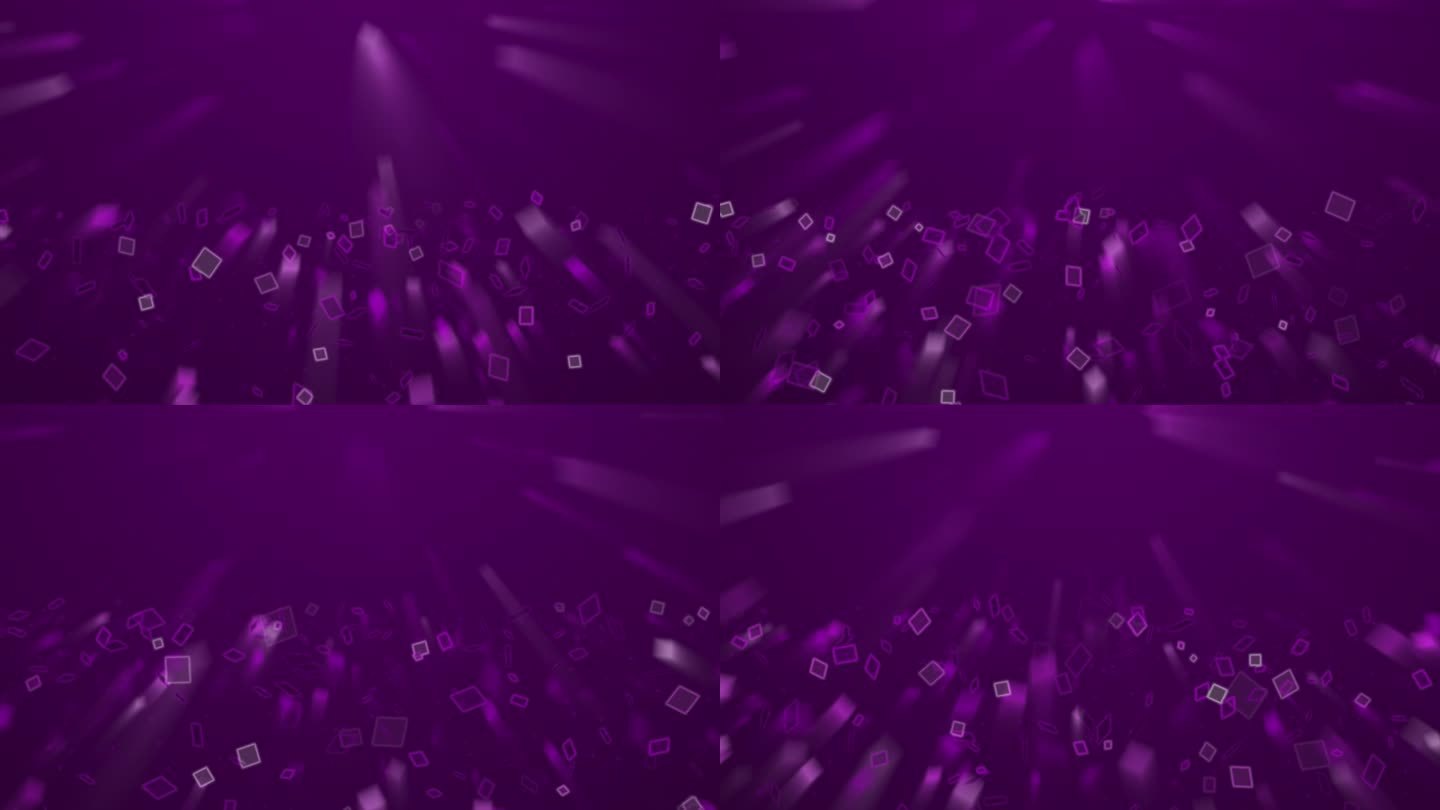 紫色抽象运动背景、闪亮和闪烁的光束、方形矩形粒子、模糊动画，是数字、互联网连接、商业、艺术和工艺、技