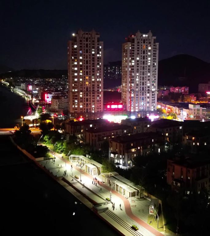 航拍 夜景 延时 龙河  休闲区 高楼